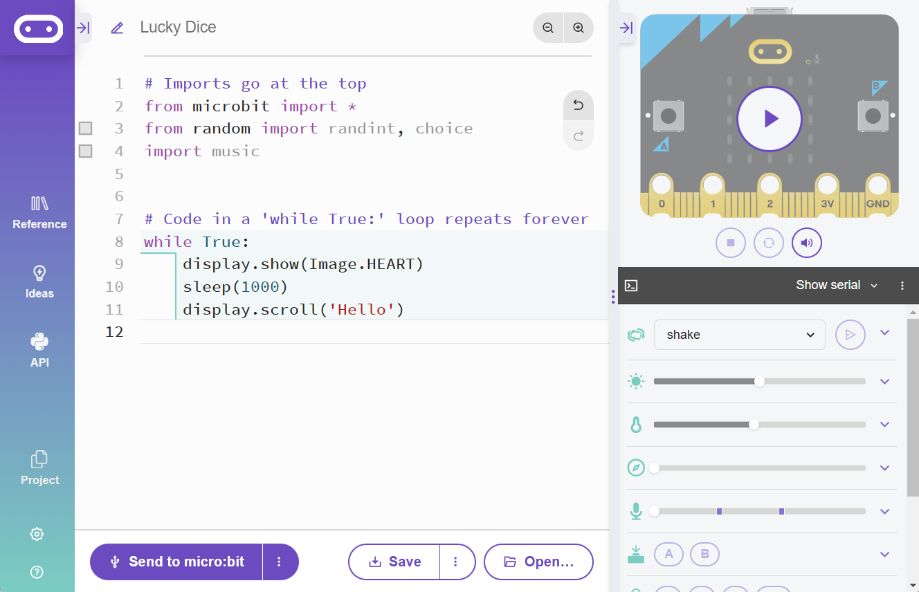 Python Editor, showing the emulator on the left, and the starter code (as described above)